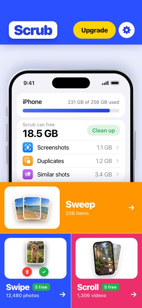 Scrub home screen on iPhone, showing how much space it can free