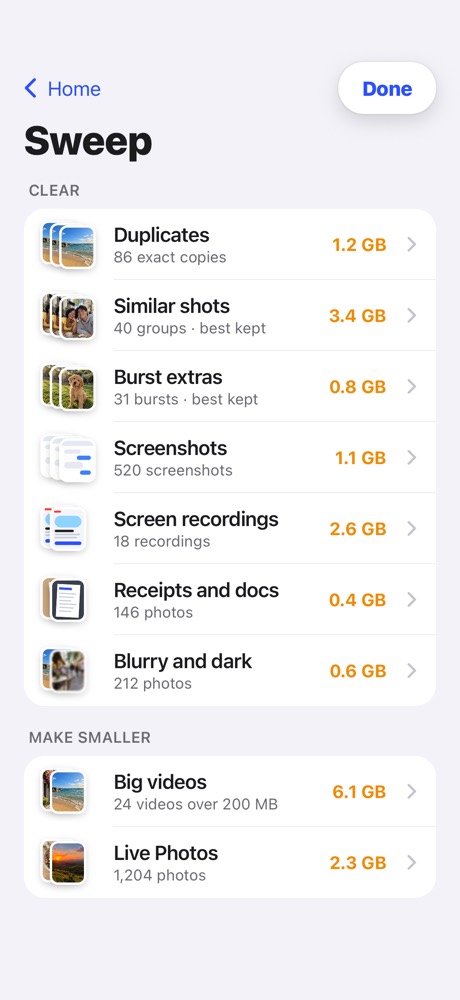 Scrub Sweep, listing duplicates, similar shots and screenshots to clear